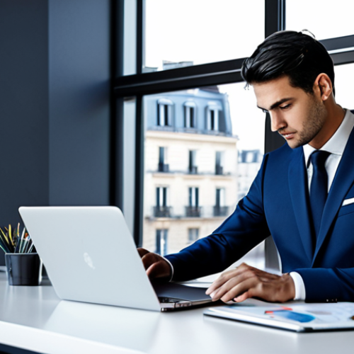 Home 14 **
"A Parisian business analyst in a tailored, dark blue professional suit, working on a laptop in a bright, modern co-working space with large windows overlooking the city. Fully clothed, appropriate attire, safe for work, perfect anatomy, natural proportions, professional digital art, high quality."
**