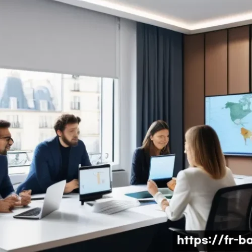 비즈니스 애널리스트 업무 모니터링 - A modern French office environment with a diverse team of business analysts collaborating around a l...
