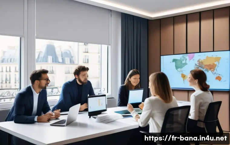 비즈니스 애널리스트 업무 모니터링 - A modern French office environment with a diverse team of business analysts collaborating around a l...