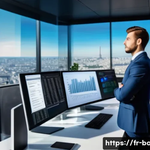 비즈니스 애널리스트 연봉 정보 - A modern office scene in Paris with a confident business analyst presenting data analytics on large ...