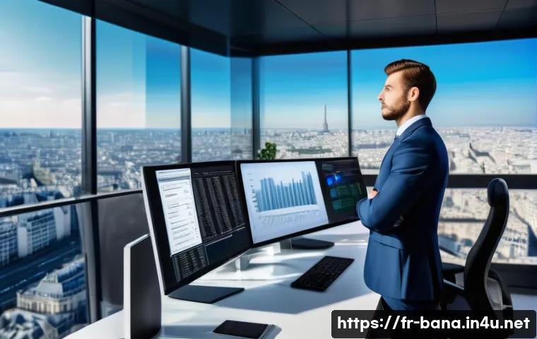 비즈니스 애널리스트 연봉 정보 - A modern office scene in Paris with a confident business analyst presenting data analytics on large ...