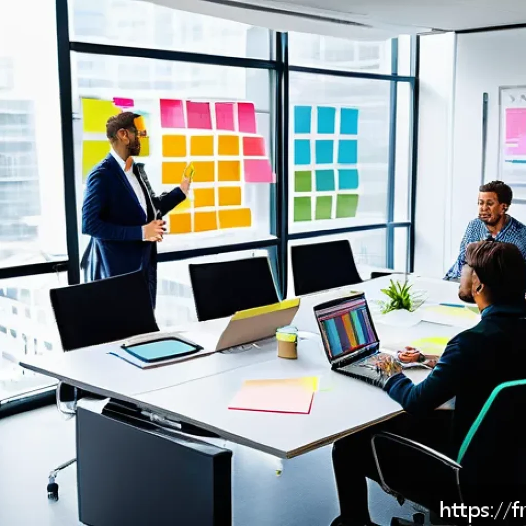 비즈니스 애널리스트 업무 개선 방법 - A diverse group of professionals from different departments collaborating around a large conference ...