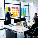 비즈니스 애널리스트 업무 개선 방법 - A diverse group of professionals from different departments collaborating around a large conference ...