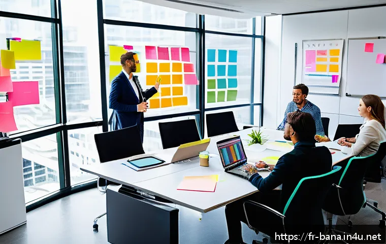 비즈니스 애널리스트 업무 개선 방법 - A diverse group of professionals from different departments collaborating around a large conference ...